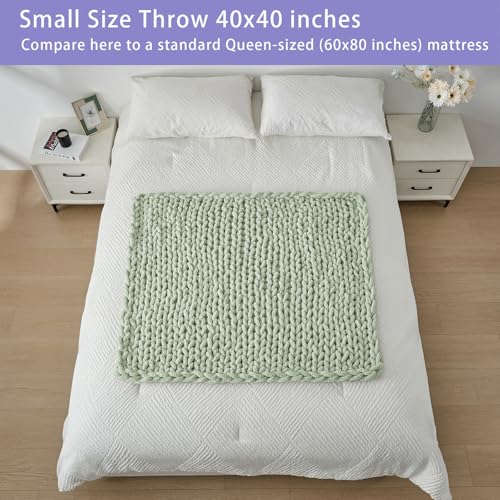 Bigacogo Chunky Knit Throw Blanket for Couch, 40x40 inches, 100% Hand Knitted with Thick Jumbo Chenille Yarn, Cozy Soft Large Rope Knot Cable Crochet Blankets for Sofa Bed Living Room, Sage Green