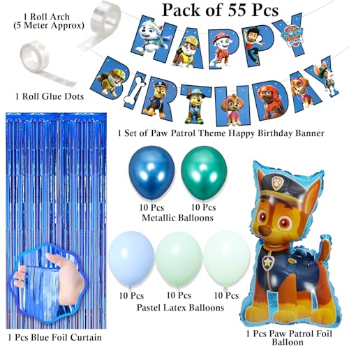 Image of Rozi Decoration Dog Birthday Balloons Decorations Set of 55 Pcs Happy Birthday Decorations For Boys, Paw Patrol Theme Birthday Backdrop Decorations Combo Kit