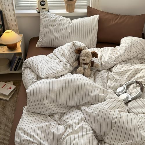Image of EAVD Retro Striped Duvet Cover Full Brown&White Washed Microfiber 3-Piece