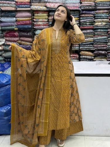 Image of GoSriKi Kurta Sets for Women Viscose Blend Printed | Kurti Set for Woman | Kurta Palazzo Dupatta Set | A Line Kurti | Mandarin Collar 3 /4 Sleeve Suit Set for Women Stylish Ethnic Outfit