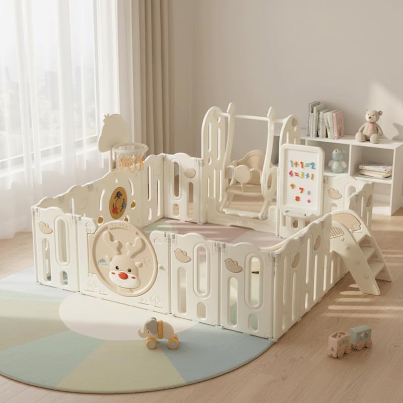Parc Bébé Plastique ZH25, XXL 190x196cm Parc de Jeu avec Toboggan, Balançoire & Panier de Basket, Aire de Jeux Enfant Intérieur Extérieur, Centre d'Activités Pliable, Protection UV, Couleur Beige