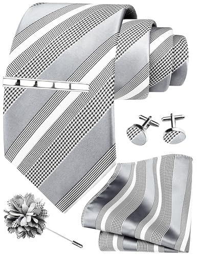 Image of GUSLESON Men's 5-pc Striped Tie Gift Set - Jacquard Necktie, Pocket Square, Cufflinks, Lapel Pin, Tie Clip - Wedding Formal Gifts
