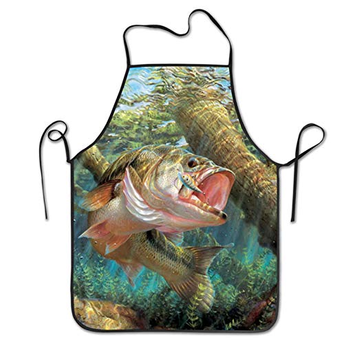 Bass Fish Apron Fishing Cooking Kitchen Aprons,Washable Bib For BBQ Drawing (Short Style)