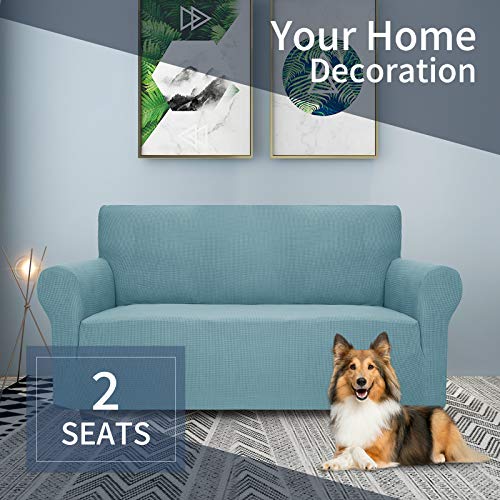 Jiviner High Stretch 1-Piece Jacquard Small Checks Couch Covers For 2 Cushion Couch Anti Slip Love Seat Sofa Covers Loveseat Slipcovers Protector For Kids Pets (Loveseat, Light Blue) #TOP1