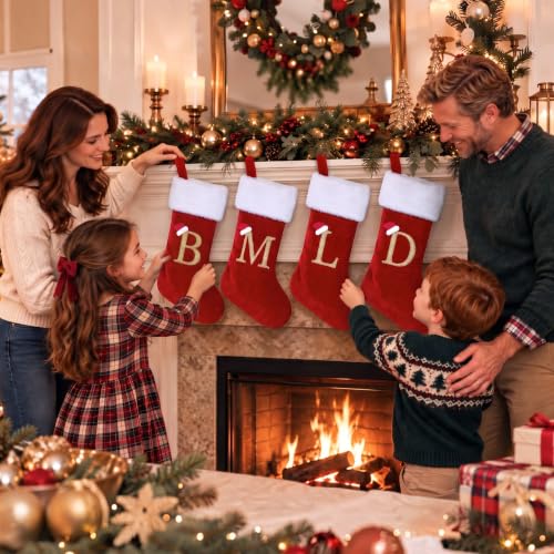 Avidlove 18 Inches Monogram Christmas Stockings Velvet Xmas Decorations | White Plush Cuff Embroidered, Family Stockings Set, Mantel Decor, Red and White Stockings, Kids Christmas Gifts, Xmas Bag - image 3