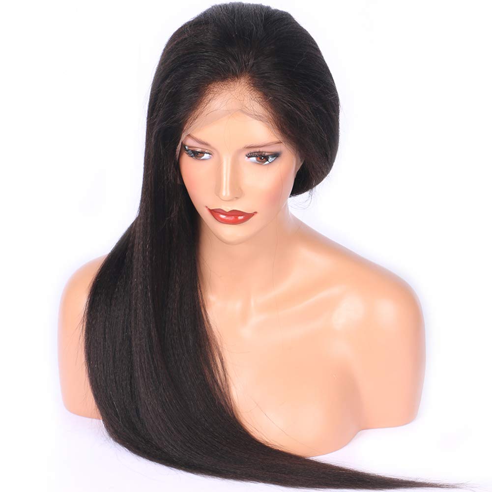 Synthetic Light Yaki Straight Long Lace Front Wigs, Glueless Lace Front Wigs with Baby Hair,Natural Hairline Side Part Half Hand Tied 1B#