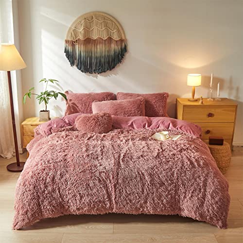 Cute Shaggy Plush Comforter Cover Set,Ultra Soft Faux Fur Duvet Cover Bedding Sets Queen 3 Pieces With Pillow Cases, Fluffy Bed Sets Zipper Closure (Old Pink, Queen) #TOP2