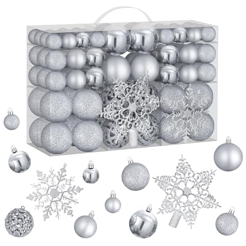 102Pcs Silver Christmas Ornaments,Shatterproof Christmas Ornaments with Reusable Hand-held Gift Package, Christmas Tree Decorations for Xmas Holiday Wedding Party and Home Decor