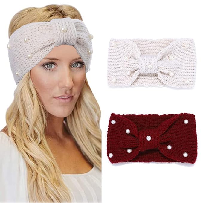 2PCs Winter Headbands Ear Warmer Knitted Headband Pearl Crochet Hair Band Turban Head Wraps Winter Head Band for Women and Girls-image-22