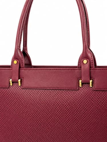 Image of Black Tote Bag with Textured Front and Gold-Tone Hardware (Maroon)