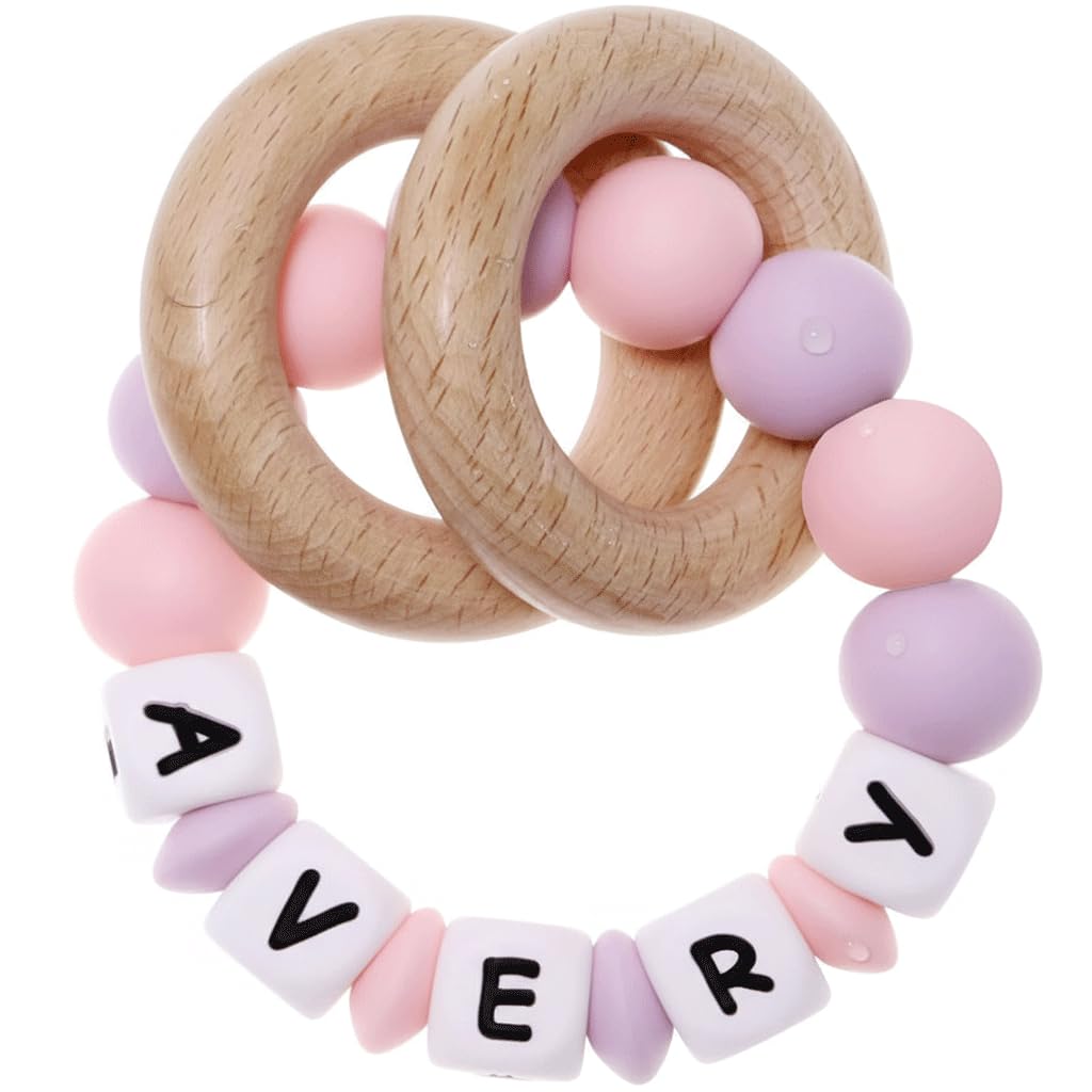 Presonalized Teether Baby Rattle with Name, Customizable Silicone Sensory Rattle with Natural Organic Beech Wood Rings for Girls Baby Shower Toys - LightPink/Lightpurple