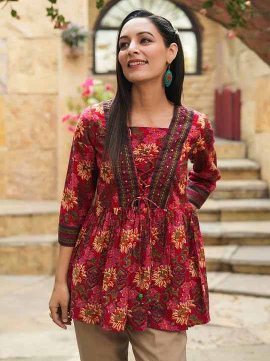 Image of Women Floral Printed Short Kurti Tunic Top | Lace Up Neck, 3 /4 Sleeves, Flared Peplum Hem | Ethnic Casual Office Wear Top for Jeans and Pants