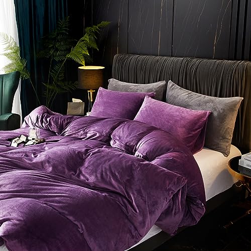 Ivellow Velvet Flannel Duvet Cover Set King Size Purple Duvet Ultra Soft Breathable Cozy Velour Luxury Bedding Set Zipper Closure Corner Ties
