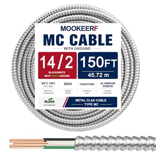 Image of MOOKEERF 14 /2 MC Cable with Ground - 150FT Pure Copper 14AWG /2 Metal Clad Wire with Aluminum Armor 14 Gauge 2 Conductor Type MC Alum Cable