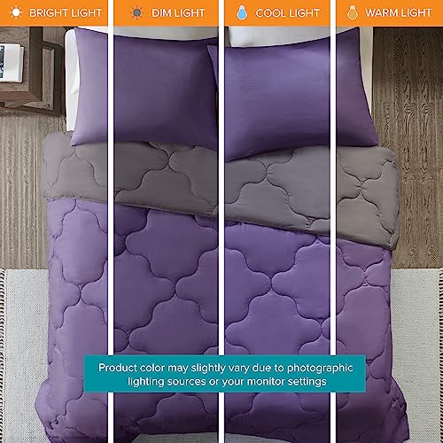 Image of Comfort Spaces Vixie Comforter Set-Modern Geometric Quaterfoil Cloud Quilted Design All Season Down Alternative Bedding, Matching Shams, Full /Queen(90 inchx90 inch), Microfiler Reversible Purple /Charcoal