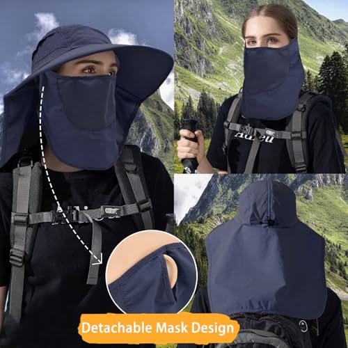 Image of Sun Hats for Men Women Detachable Face Cover Wide Brim Fishing Hats with Neck Flap UPF 50+ Outdoor Safari Hats