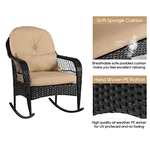 Baijiawei B Outdoor Wicker Rocking Chair All Weather Wicker Rocker Chair With Cushions For Garden Patio Yard Porch Lawn Balcony Backyard (1Pcs-Black Wicker-Khaki) #TOP5