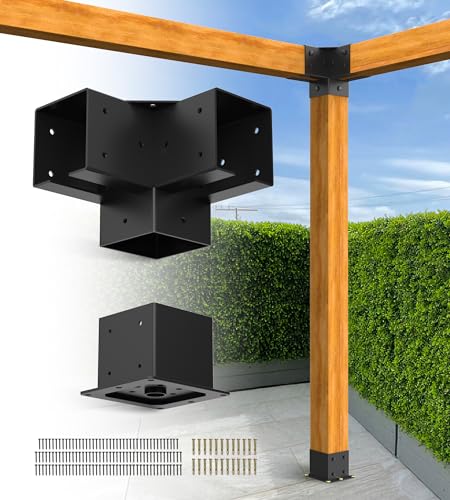 vikofan Pergola Brackets for 4-Leg Basic 3-Way 90 Angle Brackets (4PCS) & Post Base (4PCS) No Crossbeam Outdoor Garden Small Pergola Patio Frame Kit