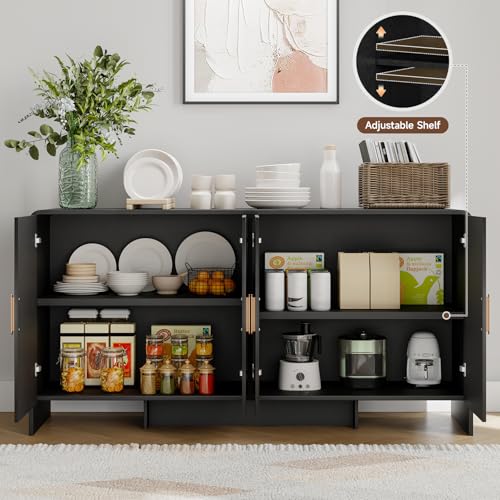 ONBRILL 60" Sideboard Buffet Cabinet with Storage, Curved Design Farmhouse Modern Coffee Bar Cabinet with 4 Doors & Adjustable Shelves for Living Room, Kitchen, Hallway, Black - Image 4