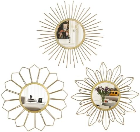 hogardeck Metal Mirrors Wall Decor - 3 Pcs 11" Metal Sunburst Flo...