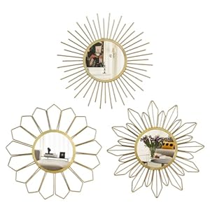 hogardeck Metal Mirrors Wall Decor – 3 Pcs 11″ Metal Sunburst Flower Wall Mirrors Home Décor, Decorative Hanging Wall Art for Living Room, Bedroom, Kitchen, Bathroom, Entryway