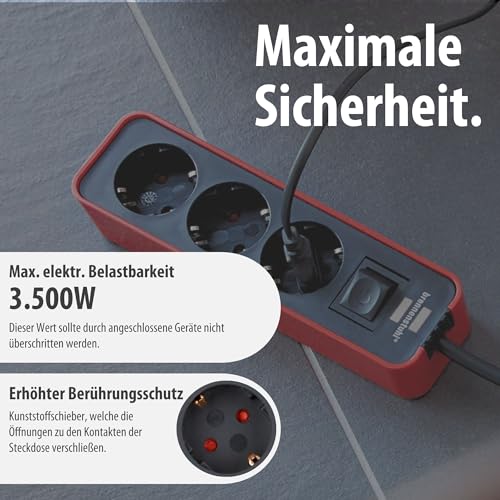 Brennenstuhl Ecolor Steckdosenleiste 3-Fach (Mehrfachsteckdose mit Schalter und 1,5m Kabel) rot/schwarz