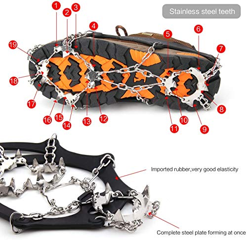 Vdealen Crampons for Hiking Boots, 19 Teeth Stainless Steel Anti-Slip Traction Ice Cleats, Slip-Resistant Snow Ice Spikes,Crampons,Ice Snow Grips for Walking on Ice Snow (Black, M(36-40))