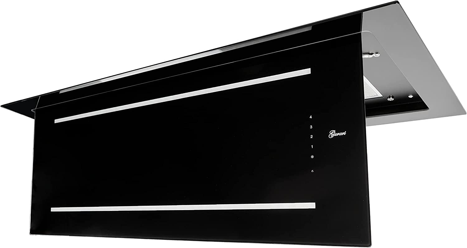 Gurari 341 BL 120, Campana de techo 120 cm 1000 m³/h de cristal negro, ventilador de techo, rejilla de escape