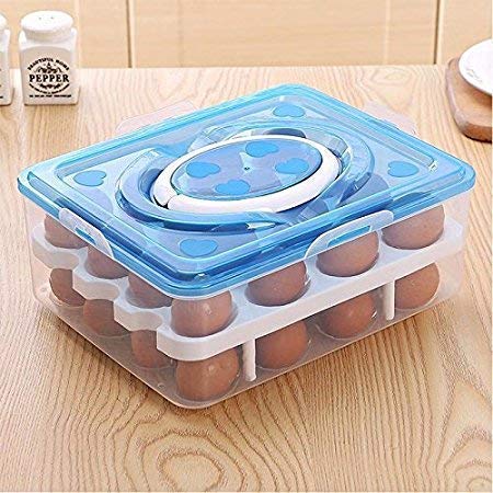 Jukusa Double Layer 32 Grid Egg Storage Box for Vegetable Egg Storage Container Wit Lid and Refrigerator Kitchen Food Outdoor (Blue Color)