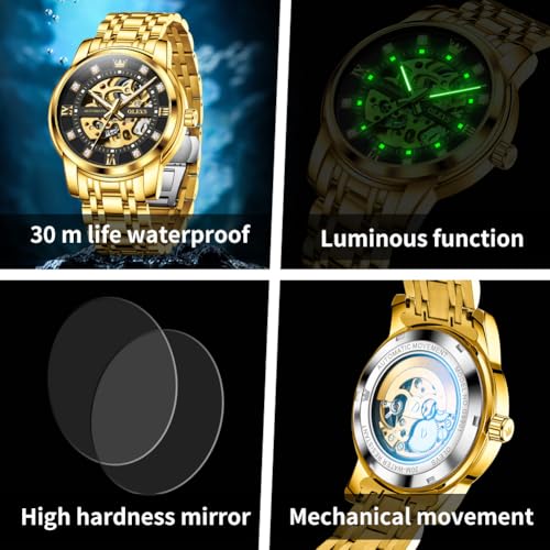 Image of OLEVS Mens Automatic Watch Skeleton Diamond Luxury Mechanical Self Winding Dress Wrist Watch Waterproof Luminous