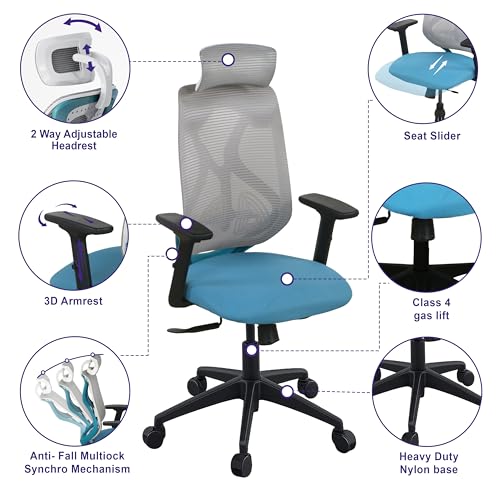 Image of Wakefit Gravita Ergonomic Office Chair for Work | 3 Year Warranty | Multi-Lock Seat Slider and Recline | Soft Armrest with 3D Adjustability| Strong Nylon Base | 8+ Hours of Comfort| White and Green