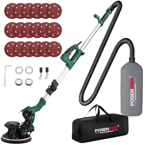 POSENPRO 810W Drywall Sander 7A Electric Wall Sander with Vacuum Dust Collector 500-2100RPM 5 Variable Speed Popcorn Ceiling Removal Tool LED Light 18x Sanding Discs Foldable & Extendable Handle