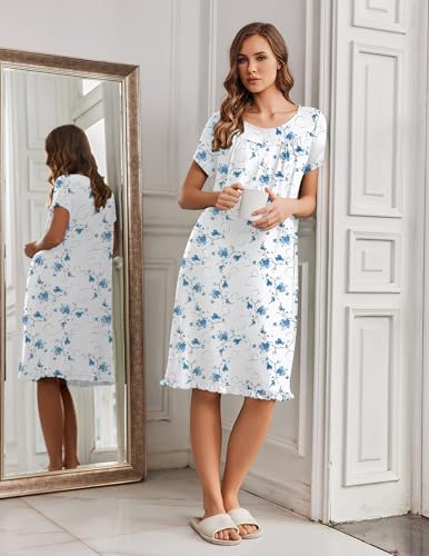 Image of Ekouaer Nightgowns for Women with Pockets Button Front Short Sleeve House Dresses Floral Print Mumu Dress