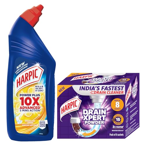 Image of Harpic 1 Litre - Lemon, Disinfectant Toilet Cleaner Liquid + Harpic DrainXpert Drain Cleaner Powder Sachets (Pack of 8) | Melts Grease & Dissolves Hair | India's Fastest drain cleaner