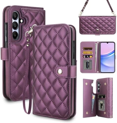 Vofolen for Samsung Galaxy A15 5G Phone Case with Card Holder Crossbody Wrist Strap Leather Flip Case with Magnetic Clasp Kickstand Heavy Duty Rugged Wallet Phone Case for Galaxy A15 5G, Purple