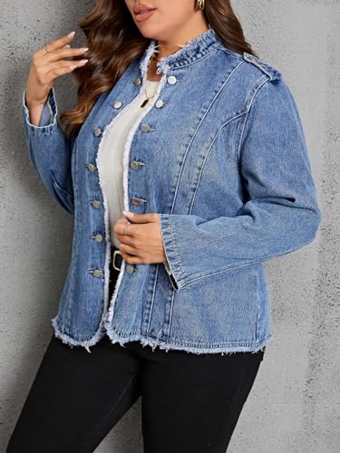 LifeShe Women's Denim Jacket Plus Size Double Breasted Button Raw Trim Jean Jackets Coat4