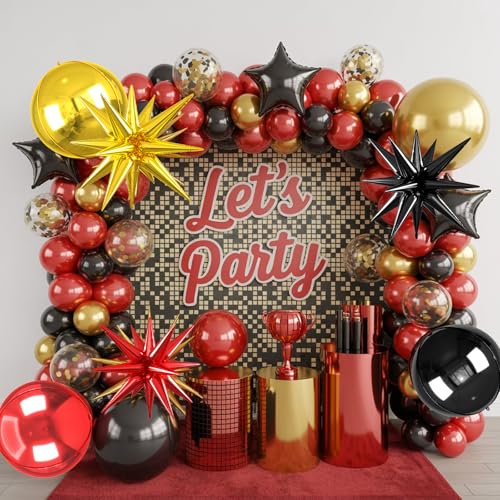 Image of 6pcs 22 inch Black Gold Red Star Balloons and 4D Large Foil Balloons, Black Red Star Balloon Gold 4D Foil Aluminum Balloon For Birthday Baby Shower Party Wedding Anniversary Engagement New Year