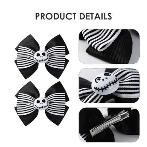 2 Piezas Pinzas de Pelo con Lazo Fantasma Calavera Negro y Blanco con Cinta a Rayas para Navidad, Halloween y Fiestas miniatura 2