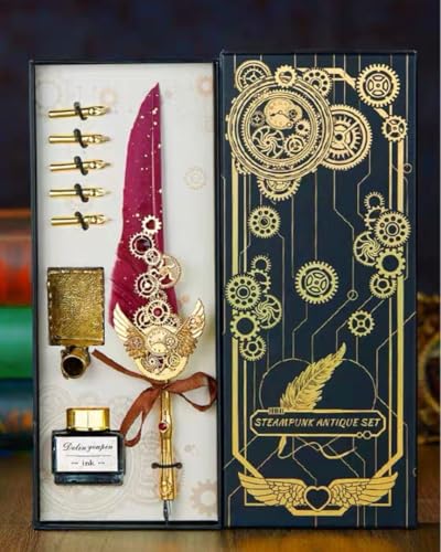 Image of PLUSPOINT Vintage Quill Feather Pen and Ink Set, 8 pc pack Elegant Writing Luxury Fountain Calligraphy Ink Pen Set Retro Decor Dip Pen Office Stationery Corporate Gifting for Signature, Multicolor