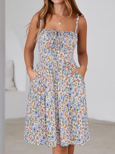 Image of YATHON Summer Mini Corset Sun Dress for Women Short Casual Square Neck Lace Up Floral Beach Vacation Dresses with Pockets