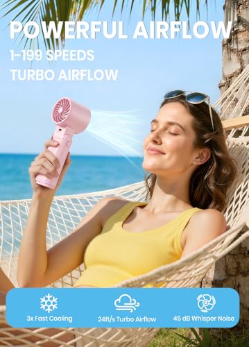 Image of Portable Handheld Turbo Fan, 1-199 Speed Adjustable with LED Display, High-Power Motor, Rechargeable Battery, 4 IN 1 Pocket Design Mini Fans for Indoor /Outdoor /Travel /Work, Pink
