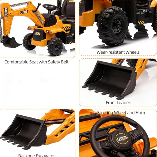 Image of 12V Ride on Excavator with Trailer & Front Loader Outdoor Gift for Boys Girls with 4-in-1 Construction Attachments (Excavator, Dump Truck Bulldozer), Tractor Remote Control Yellow
