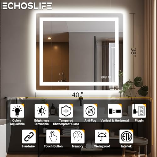 40"x38" Lighted Mirrors for Bathroom Wall, Front and Backlit, Anti-Fog LED Vanity Mirror, Shatter-Proof, 3 Colors Memory Mirror (Horizontal/Vertical)