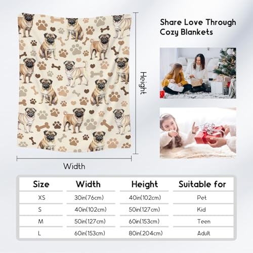 Pug Blanket with Women Men, 60x80 Inches Blanket with Dogs on it, Cozy Soft Throw Gifts for Dog Lovers, Cute Flannel Throw Blankets for Bed Couch