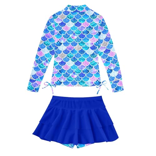 Image of 3-12T Girls Swimsuit Long Sleeve Rashguard Bathing Suits Swim Set | Quick Dry, UPF 50+ Sun Protection, Swimming Skirt, Boyshorts, Zipper Two Piece Long Sleeve Swimsuits, Adjustable Drawstring
