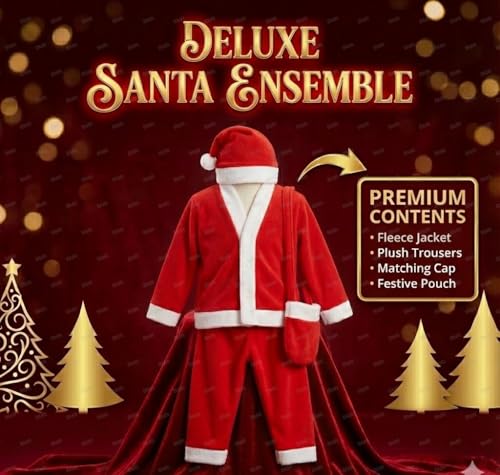 Image of Santa Claus Dress For Baby Boy Girl 0-6 Months 4Pc Set with Shirt Pant Hat Goodie Bag Warm Fleece Infant Christmas Fancy Dress Costume Newborn Xmas Gift Red Outfit Suit Prop