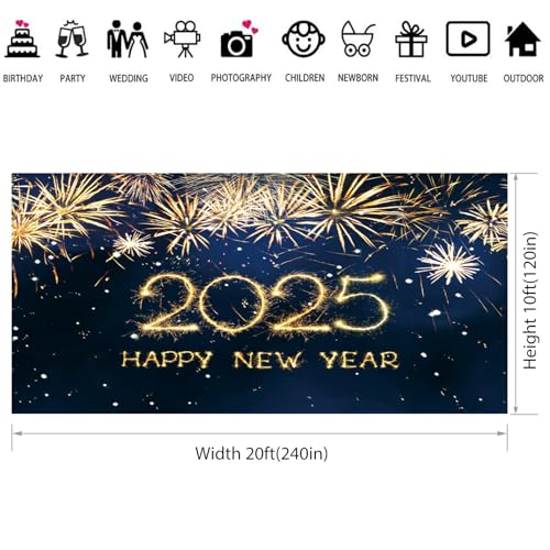 dnldliq 20x10ft Happy New Year 2025 Backdrop Beautiful Gold Fireworks Blue New Year Photography Background New Year Eve Family Friends Holiday Party Decorations Banner Supplies Photo Booth Studio - Image 4