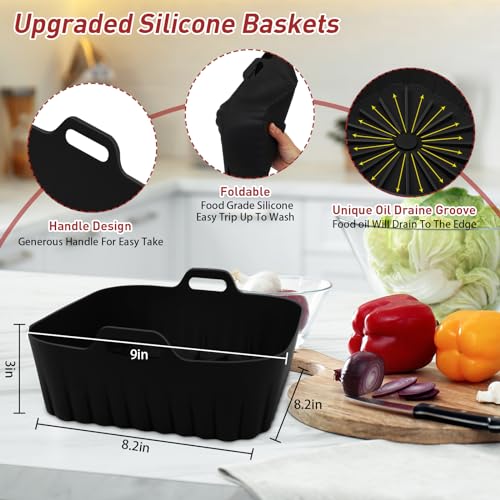 Image of Square Silicone Air Fryer Liners - 9 Inch Reusable Inserts for 6 to 9 QT Air Fryers (1 Pcs Black)