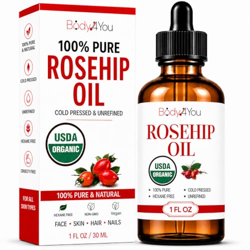 BodyJ4You Rosehip Oil for Face - 100% Pure Natural USDA Organic Cold Pressed - Hydrating Skin Hair...