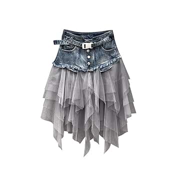 Denim and Tulle Asymmetric Ruffle Skirt of The Women, Button